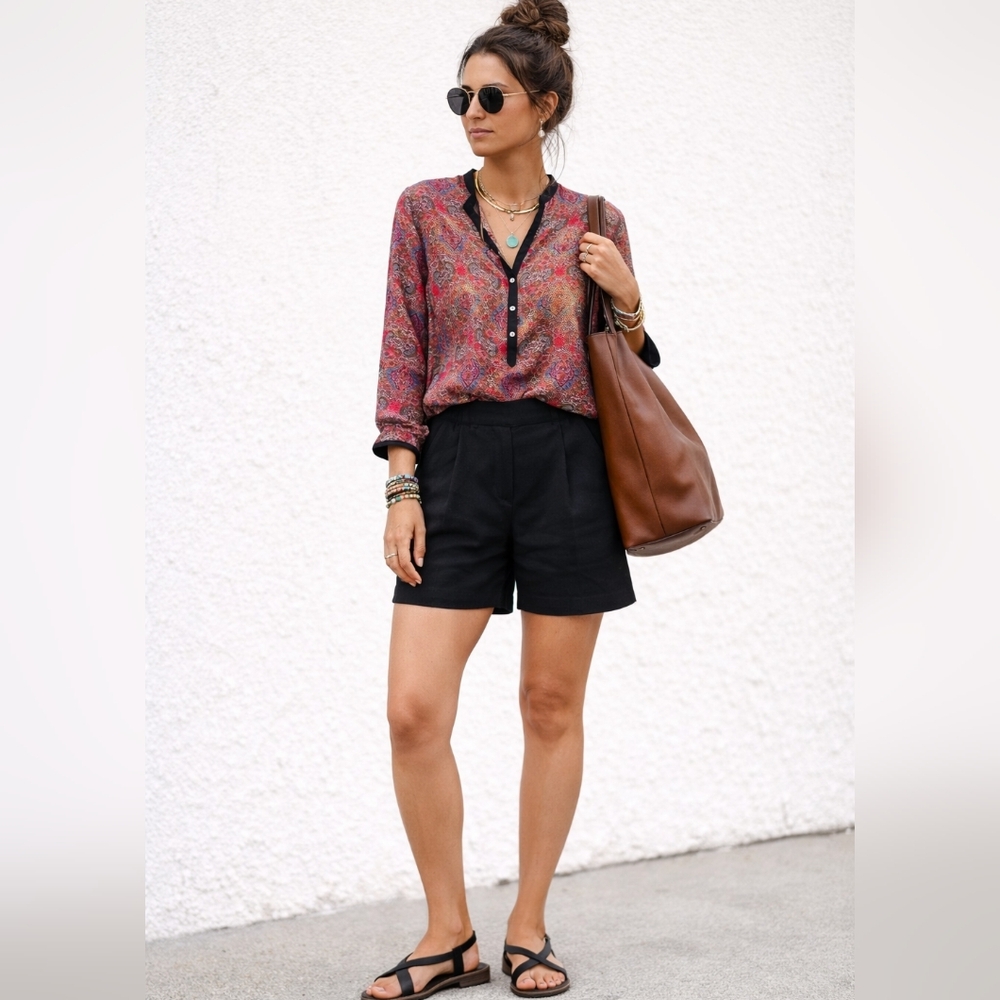 Zara Paisley Blouse Small Red Blue Boho‎ Lightweight Long Sleeve  Top
